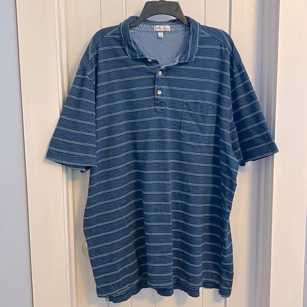 Peter Millar Blue Stripe XXL 100% Cotton Chest Pocket Golf Casual Polo